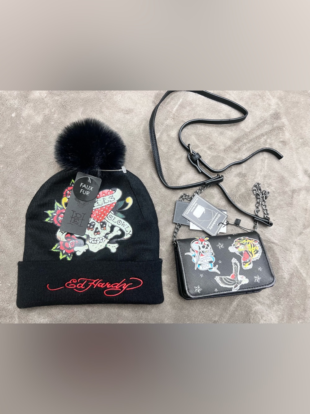 Ed Hardy Black Knit Pom Beanie and Matching Black Crossbody Wallet